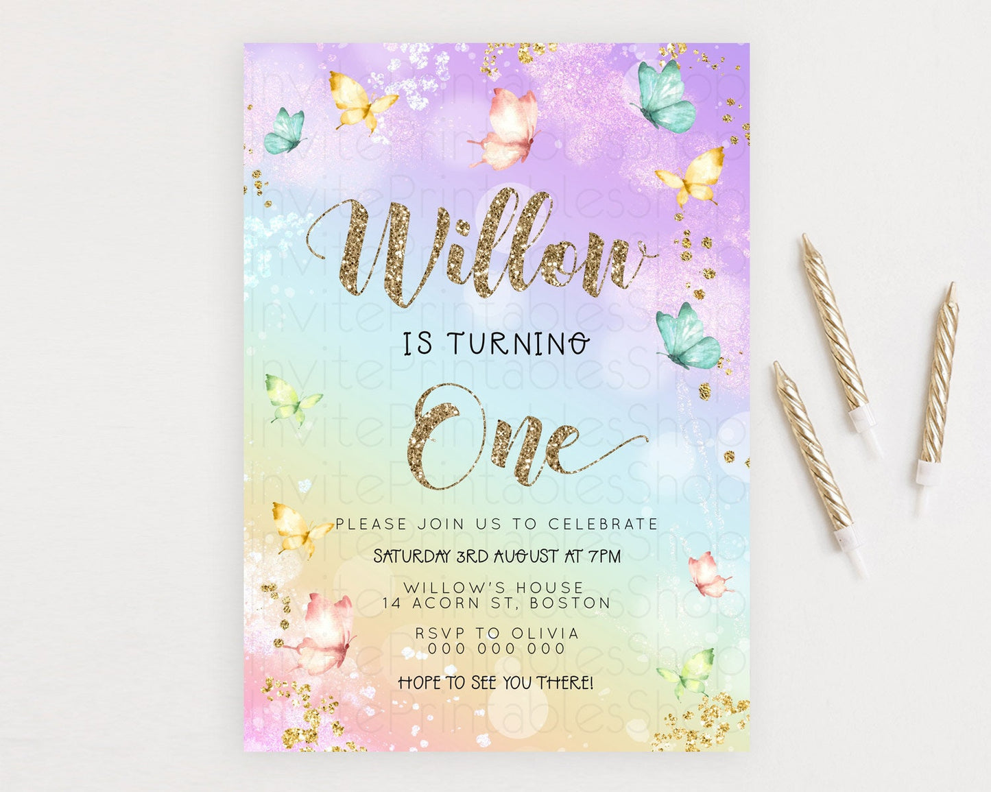 Pastel Butterfly Birthday Invitation Butterfly Birthday Invitation Colorful Splash Glitter Butterfly Garden 1st 2nd Birthday D23089