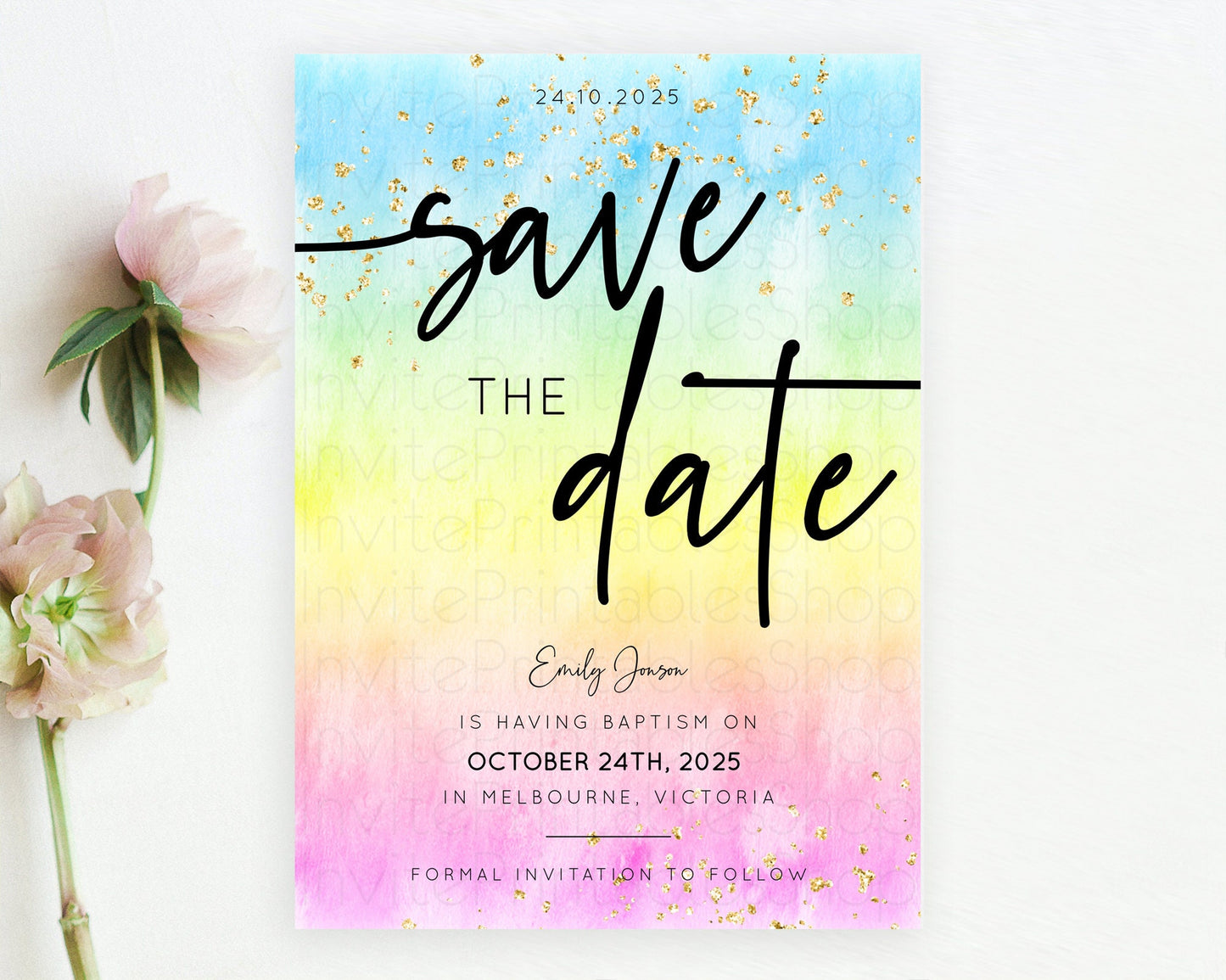 Pastel Save The Date Template Pastel Ombre Rainbow Watercolor Colorful Party For Birthday Baptism Baby Shower Wedding Bridal Shower D10480