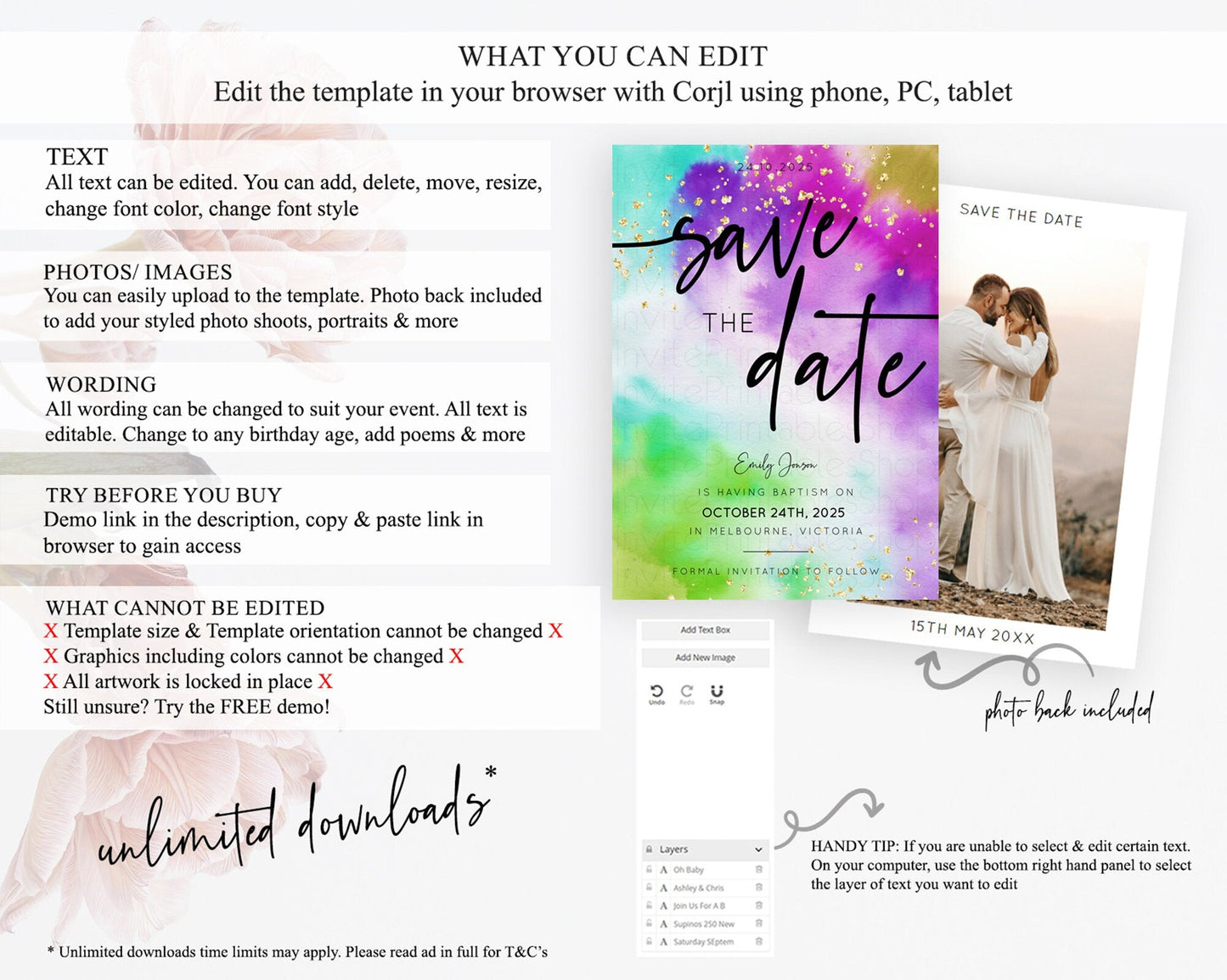 Tie Dye Save The Date Template Rainbow Pastel Ombre Watercolor Party For 1st Birthday Baptism Baby Shower Bridal Shower Wedding D10536