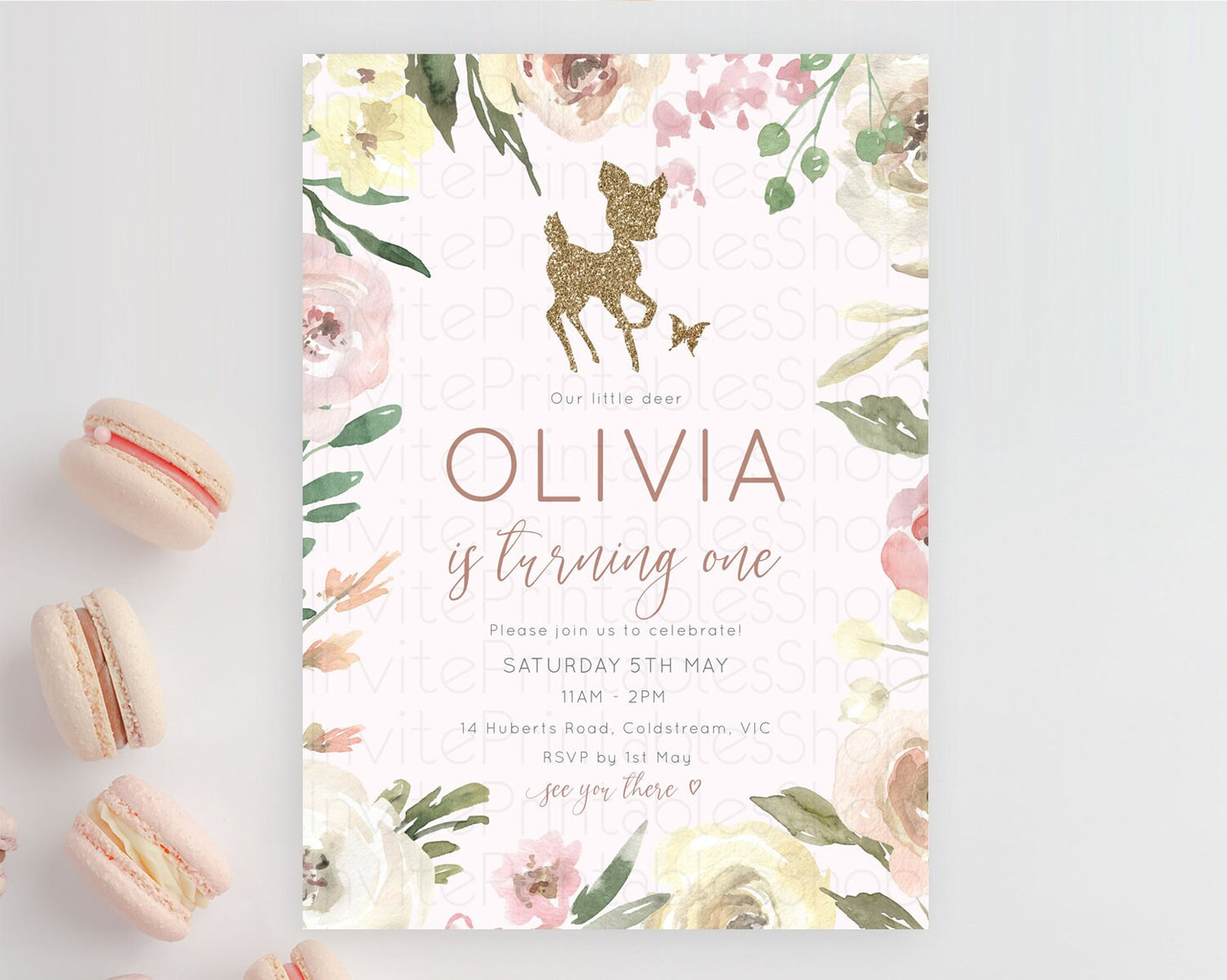 Fawn Birthday Invitation Deer Birthday Invitation Enchanted Forest Party Butterfly Pastel Flowers Whimsical 2nd 1st First Birthday D10193