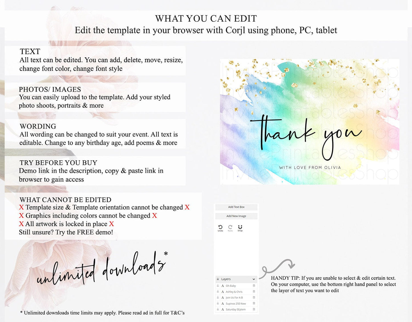 Pastel Thank You Rainbow Thank You Card Colorful Pastel Birthday Thank You Card Confetti Watercolor Pastel Teacher Thank You Cards D10279