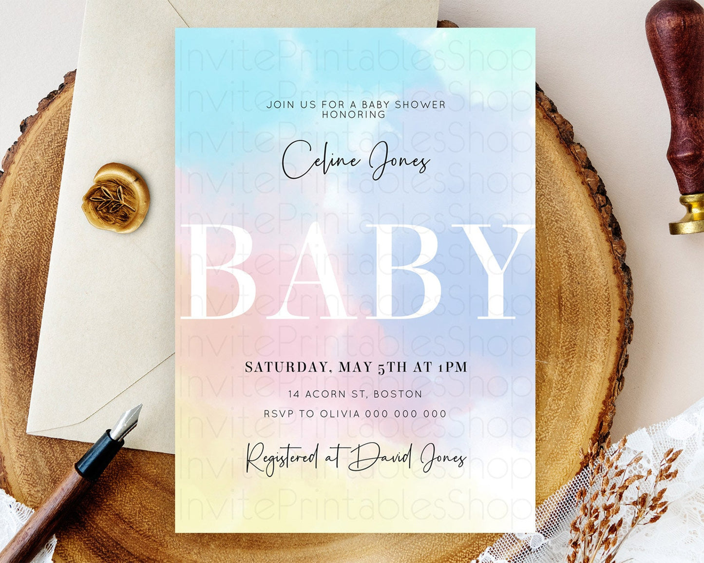 Pastel Baby Shower Invitation Rainbow Baby Shower Invitation Colorful Pastel Watercolor Invitation Gold Glitter Sprinkles Ombre D10373