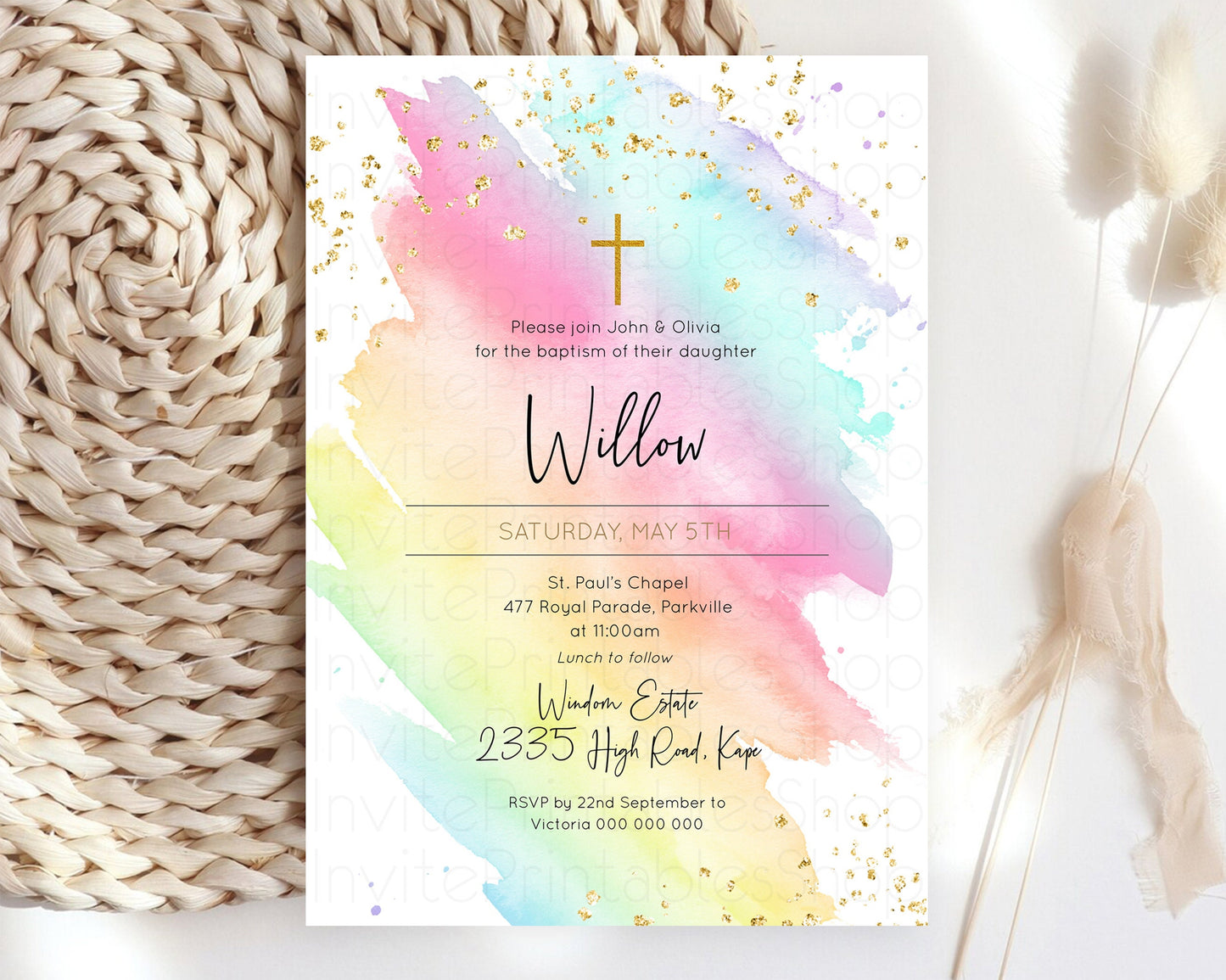 Pastel Baptism Invitation Rainbow Christening Invitation Holy Communion Invite Baptism 1st Birthday Sprinkles Ombre Watercolor Splash