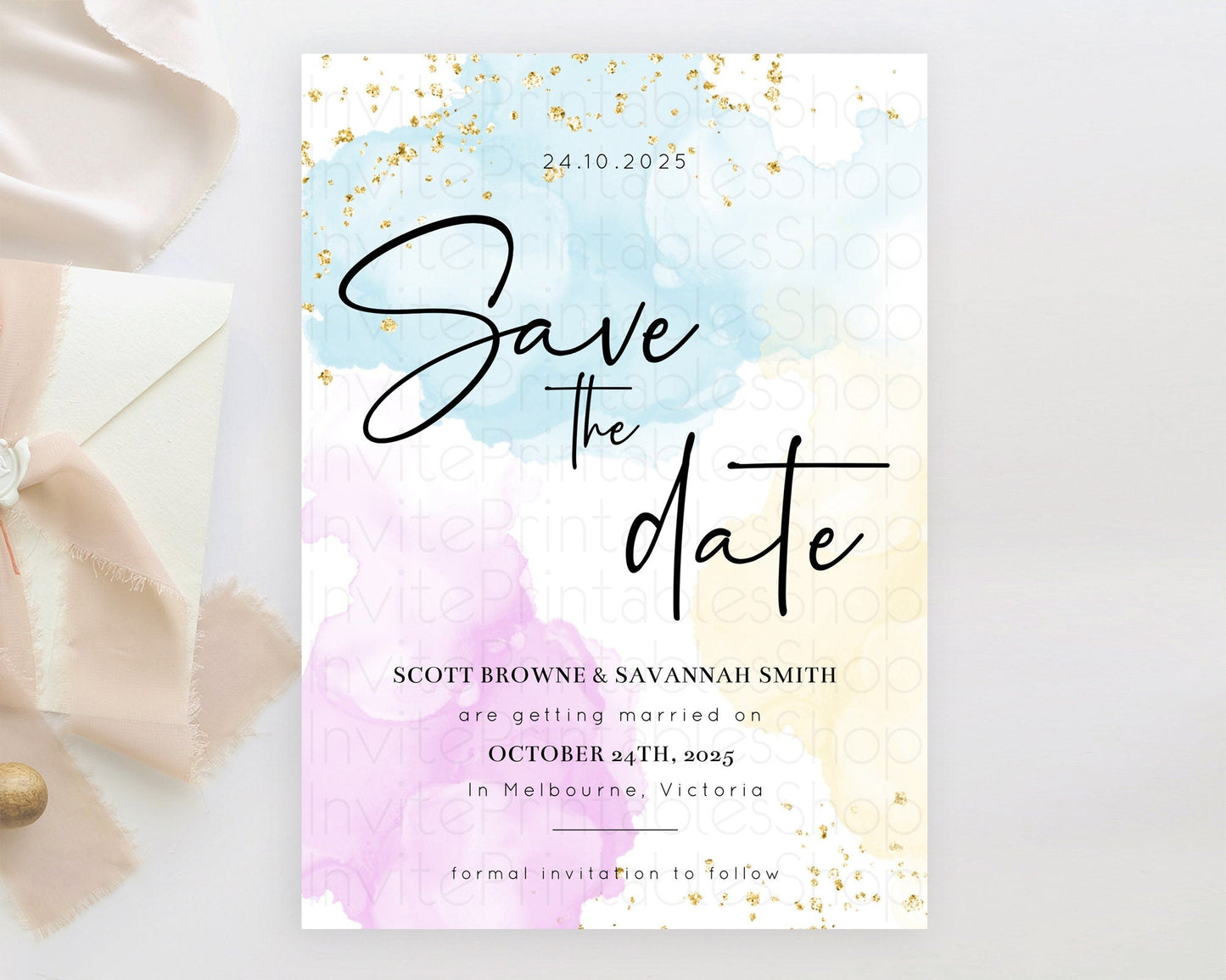 Pastel Save The Date Template Pastel Ombre Rainbow Watercolor Colorful Party For Birthday Baptism Baby Shower Wedding Bridal Shower D10155