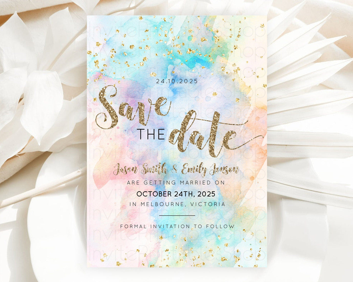 Pastel Save The Date Template Pastel Ombre Rainbow Watercolor Colorful Party For Birthday Baptism Baby Shower Wedding Bridal Shower D10261