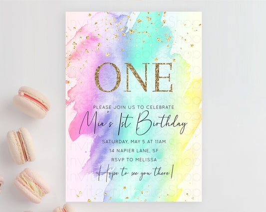 Rainbow Birthday Invitation Colorful Pastel Watercolor Invitation Gold Glitter Sprinkles Ombre Pastel 1st 2nd 3rd Birthday D10231