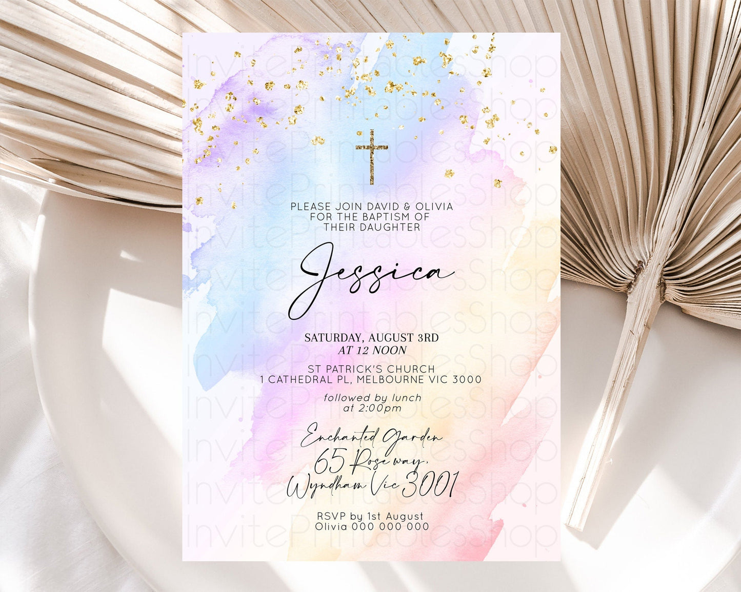 Pastel Baptism Invitation Pastel Colors Watercolor Baptism 1st Birthday Party Gold Ombre Pastel Rainbow Christening Holy Communion D10635