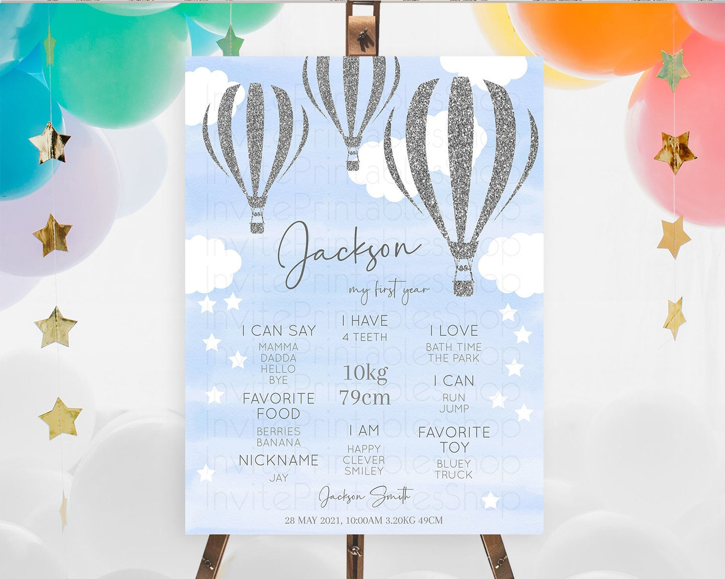 Hot Air Balloon First Birthday Milestone Poster Hot Air Balloon Milestone Board Adventure Awaits Blue Watercolor 1st Birthday Boy D10334