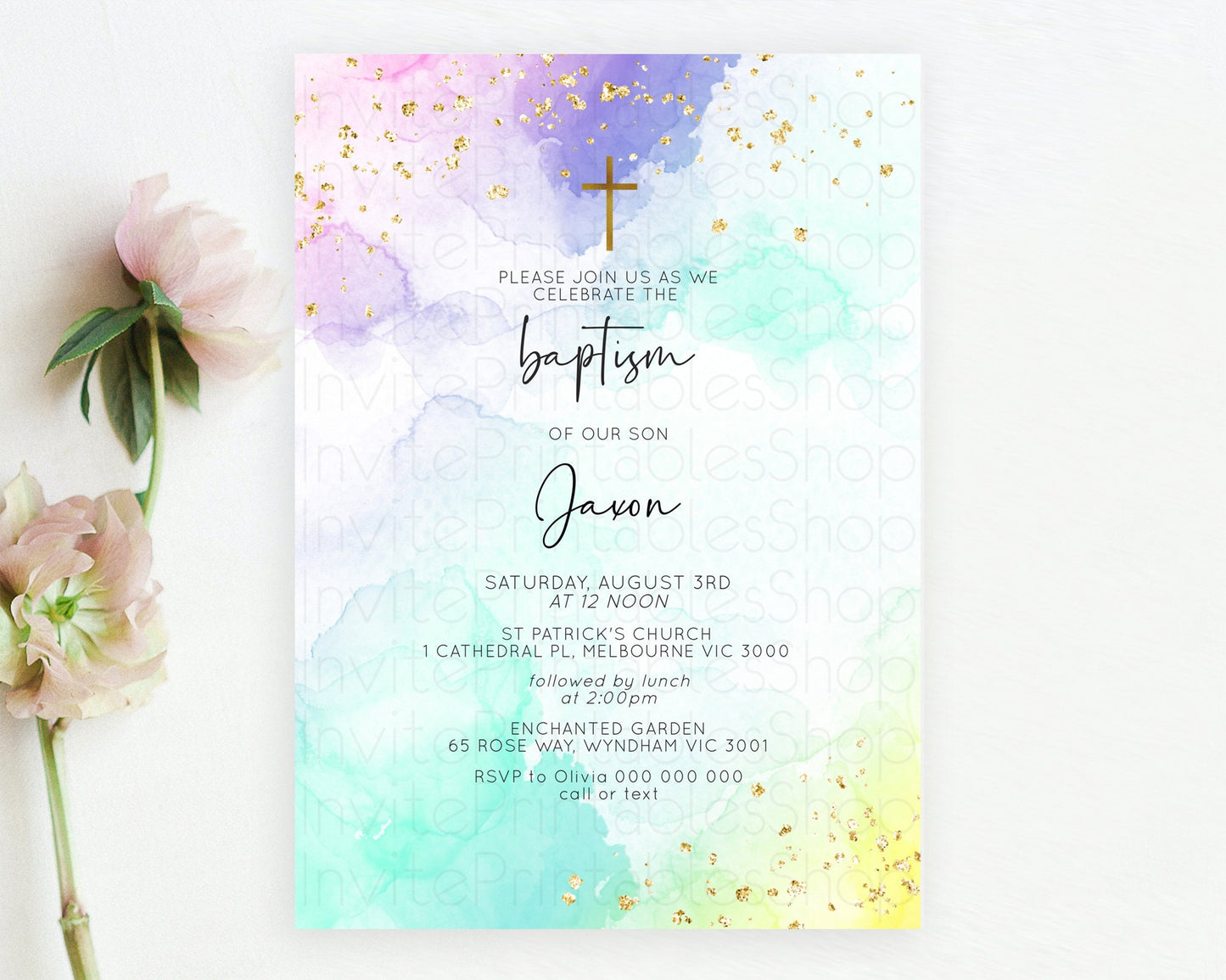 Pastel Baptism Invitation Pastel Colors Watercolor Baptism 1st Birthday Party Gold Ombre Pastel Rainbow Christening Holy Communion D10158