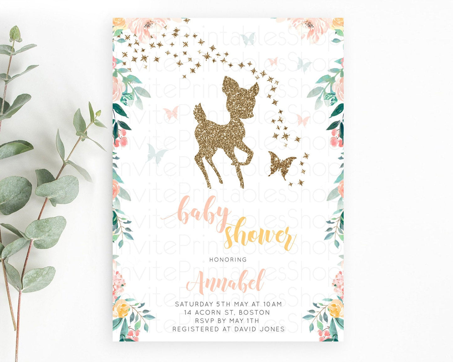 Enchanted Forest Baby Shower Invitation, Whimsical Deer and Butterfly, Pastel Flowers Pink, Green, Orange - Gold Glitter Floral Theme D10874