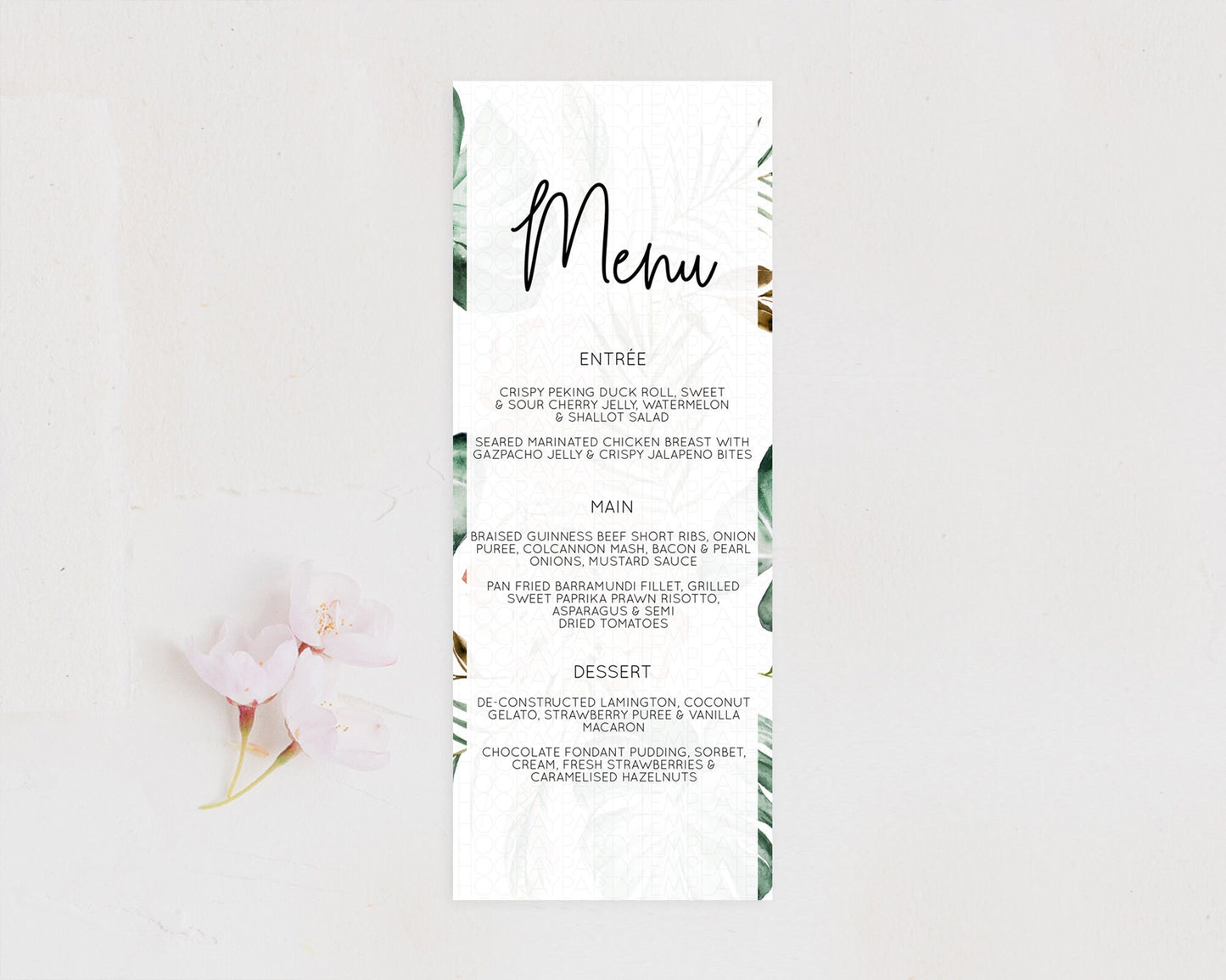 Tropical Menu Template Tropical Menu Palm Leaf Fern Table Decor Frangipani Floral White Orchid Dinner Dessert Menu Party Food Menu D11053