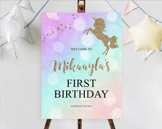 Unicorn Rainbow Birthday Welcome Board Pastel Unicorn Welcome Sign Magical Ombre Colorful Watercolor First Birthday Welcome Sign D10950