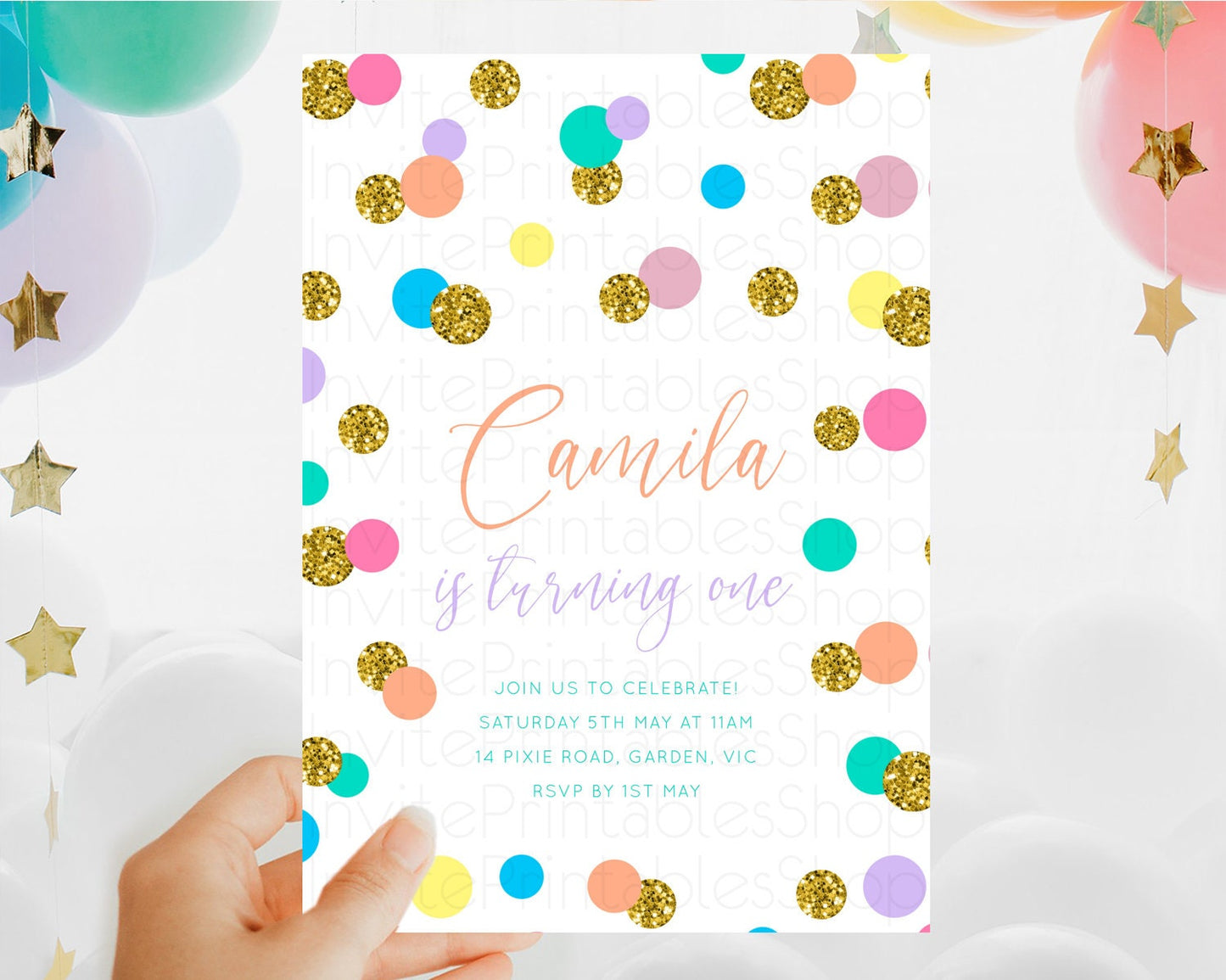 Pastel Birthday Invitation Pastel Confetti Birthday Invitation Bubbles Invitation Colorful Rainbow Confetti 2nd 1st First Birthday D10862