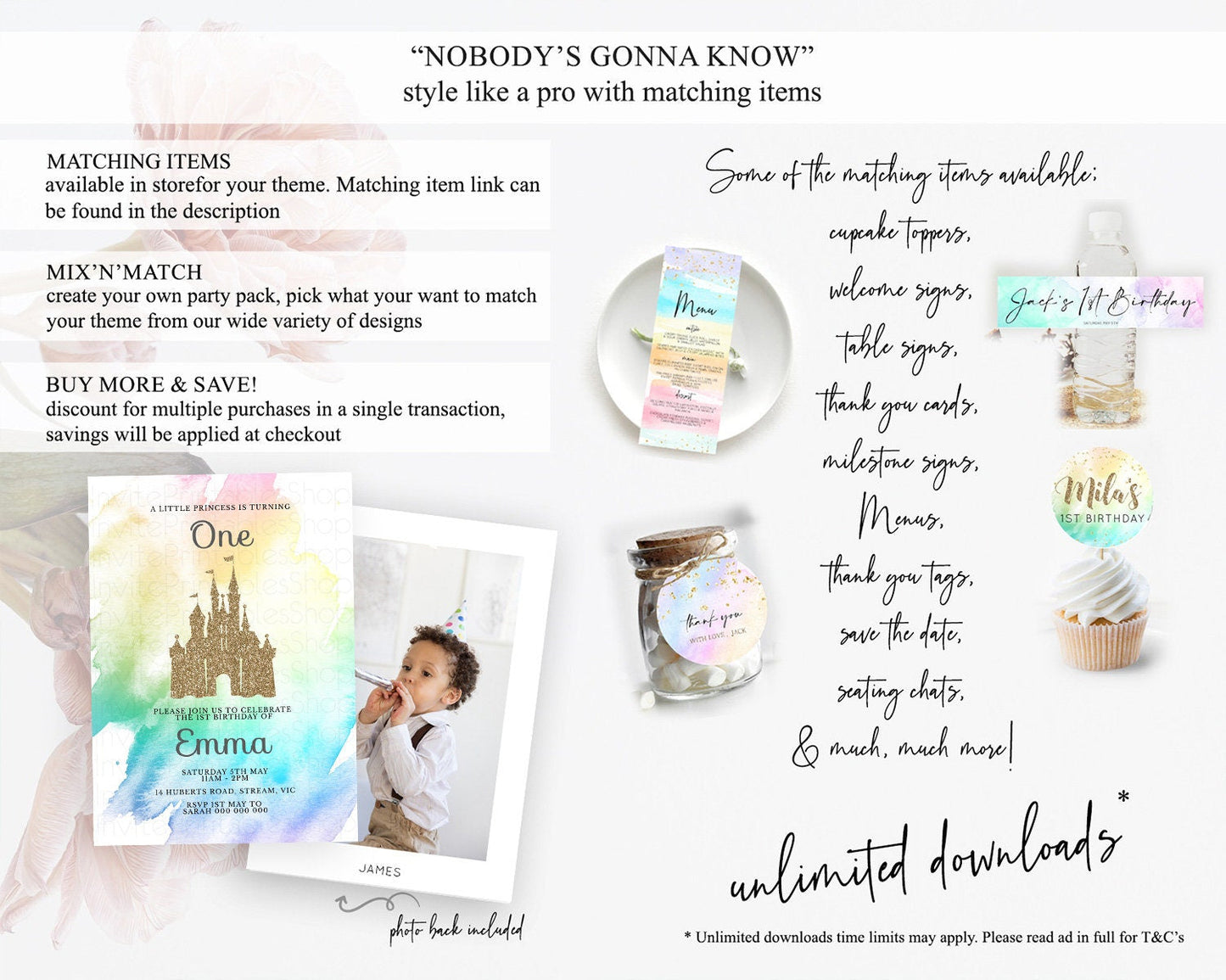 Princess Birthday Invitation Princess Invitation Pastel Invitation Royal Birthday Rainbow Color Enchanted Castle 1st First Birthday D10833