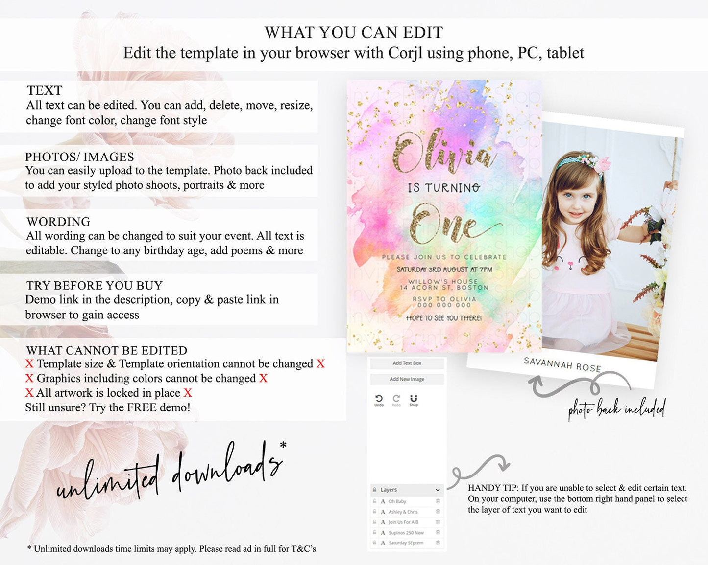 Rainbow Birthday Invitation Colorful Pastel Watercolor Invitation Gold Glitter Sprinkles Ombre Pastel 1st 2nd 3rd Birthday D23290