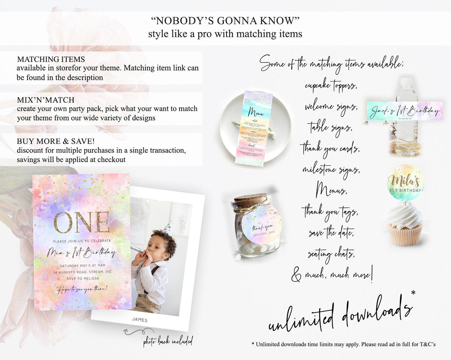 Rainbow Birthday Invitation Colorful Pastel Watercolor Invitation Gold Glitter Sprinkles Ombre Pastel 1st 2nd 3rd Birthday D10610