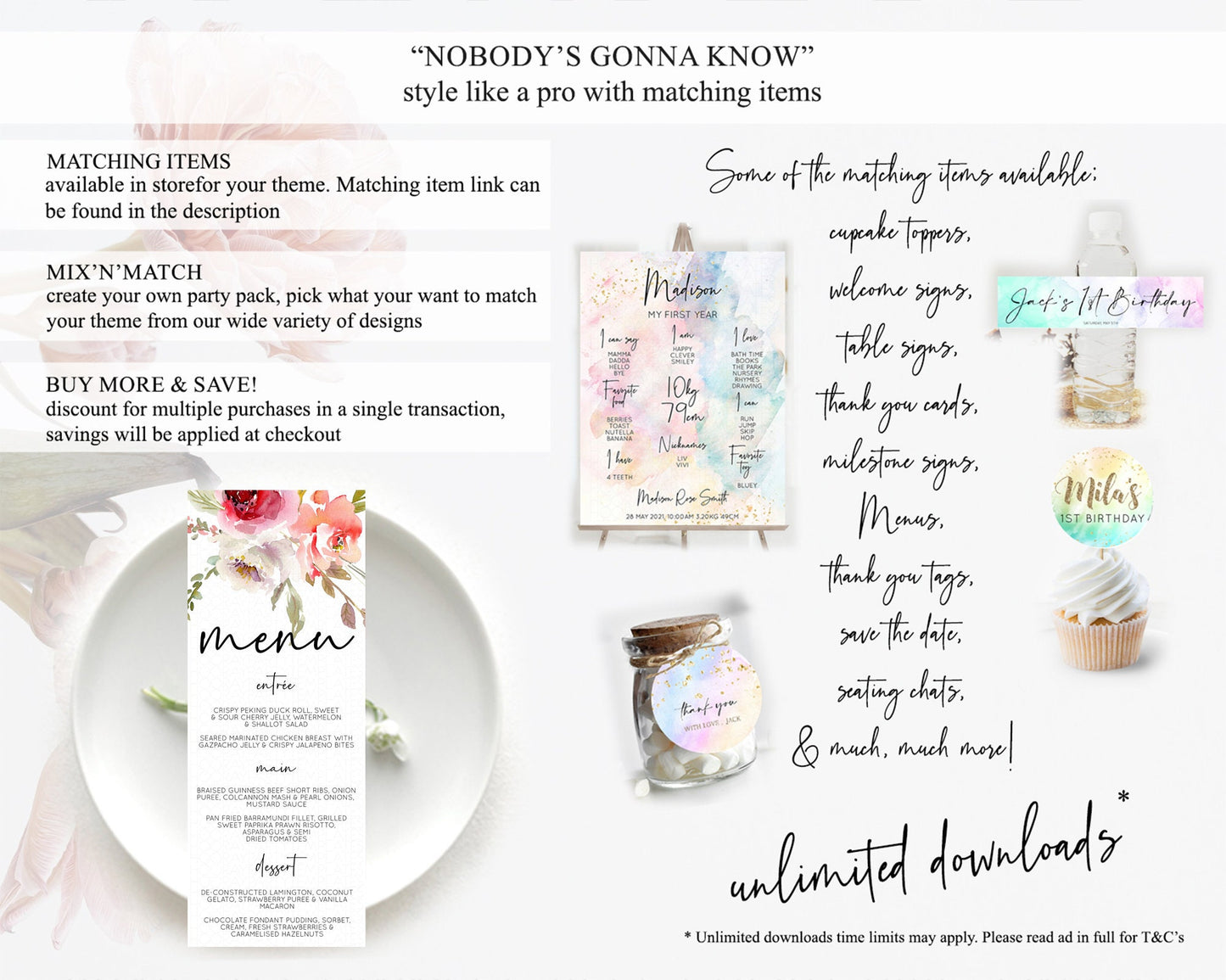 Secret Garden Menu Wildflower Menu Template Pastel Flower Garden Table Decor Boho Floral Dinner Dessert Floral Party Food Menu D10243