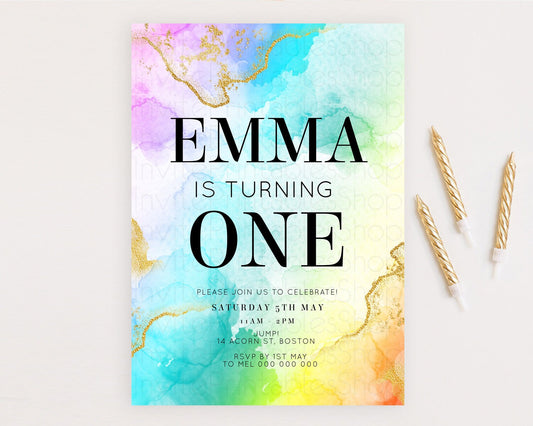 Editable Rainbow Birthday Invitation Colorful Pastel Watercolor Invitation G