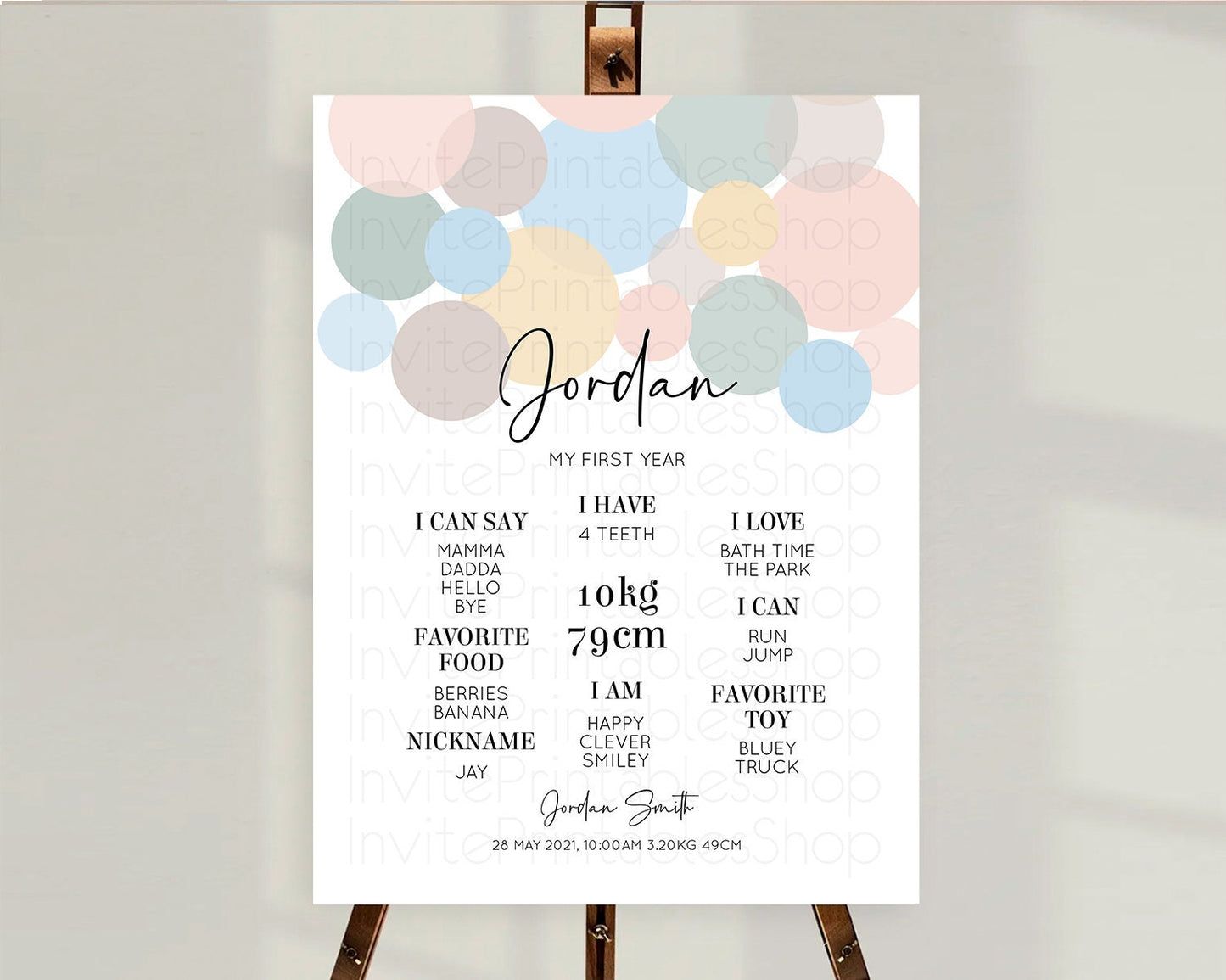 Editable Pastel First Birthday Milestone Poster Pastel Rainbow Confetti Firs