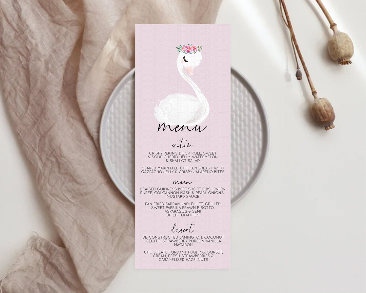 Swan Menu Swan Princess Ballet Menu Template Enchanted Swan Lake Table Decor Secret Garden Pastel Floral Dinner Dessert Food Menu  D10758