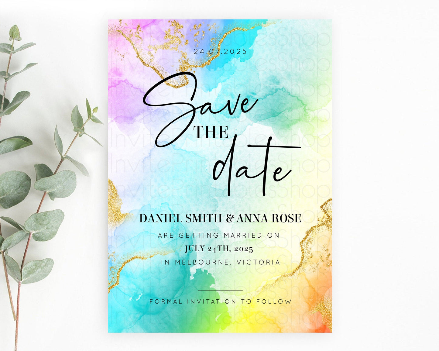 Pastel Save The Date Template Pastel Ombre Rainbow Watercolor Colorful Party For Birthday Baptism Baby Shower Wedding Bridal Shower D10393