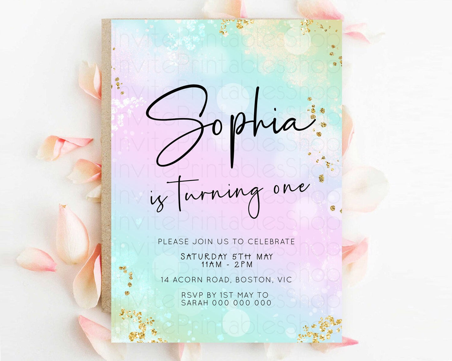 Pastel Birthday Invitation Ombre Watercolor Birthday Invitation Glitter Rainbow Color Splash 1st 2nd 3rd Birthday Invitation D23108