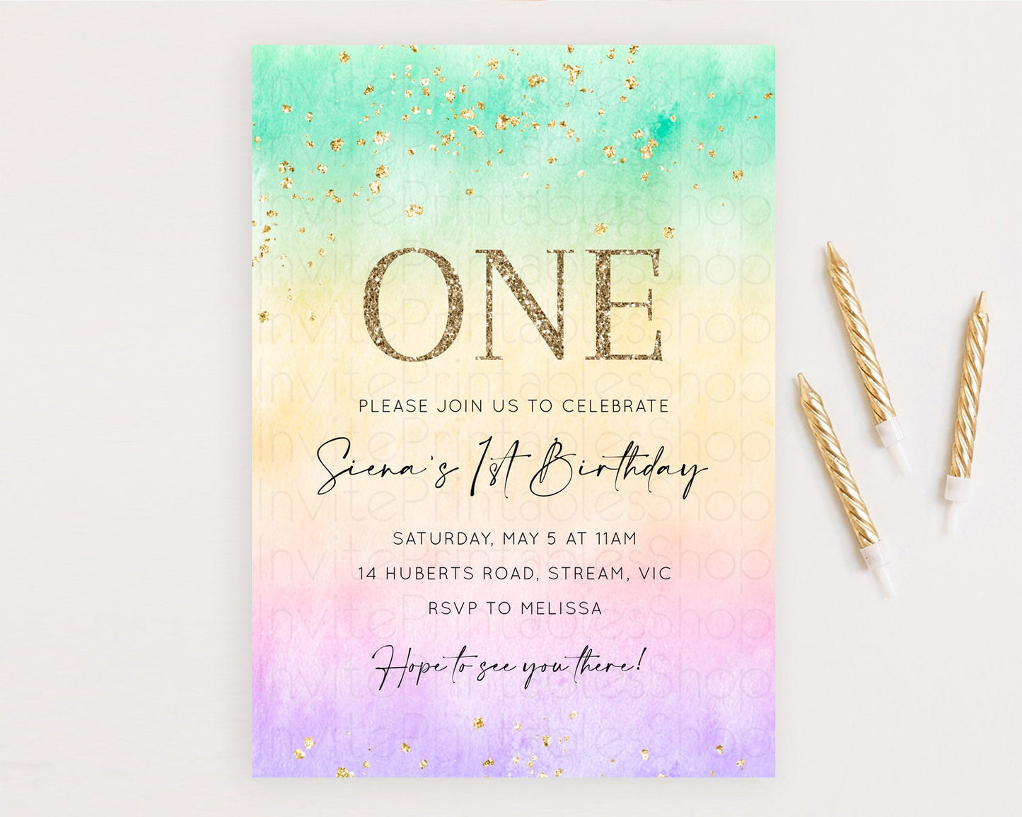 Rainbow Birthday Invitation Colorful Pastel Watercolor Invitation Gold Glitter Sprinkles Ombre Pastel 1st 2nd 3rd Birthday D10481