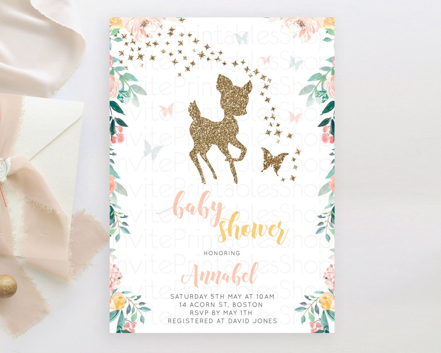 Enchanted Forest Baby Shower Invitation, Whimsical Deer and Butterfly, Pastel Flowers Pink, Green, Orange - Gold Glitter Floral Theme D10874