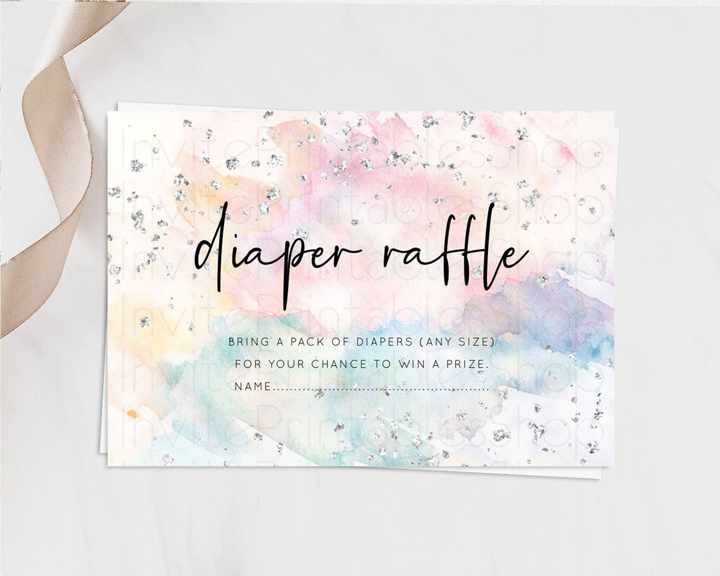 Pastel Rainbow Diaper Raffle Card Pastel Diaper Raffle Insert Pastel Colorful Diaper Ticket Confetti Watercolor Silver Raffle Game D10945
