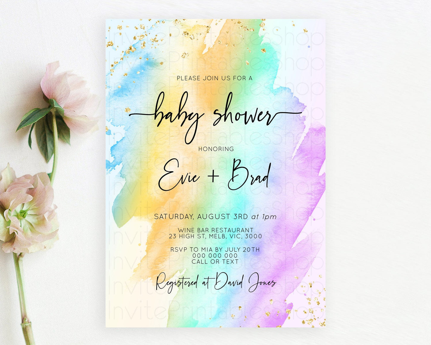 Pastel Baby Shower Invitation Rainbow Baby Shower Invitation Colorful Pastel Watercolor Invitation Gold Glitter Sprinkles Ombre D10425