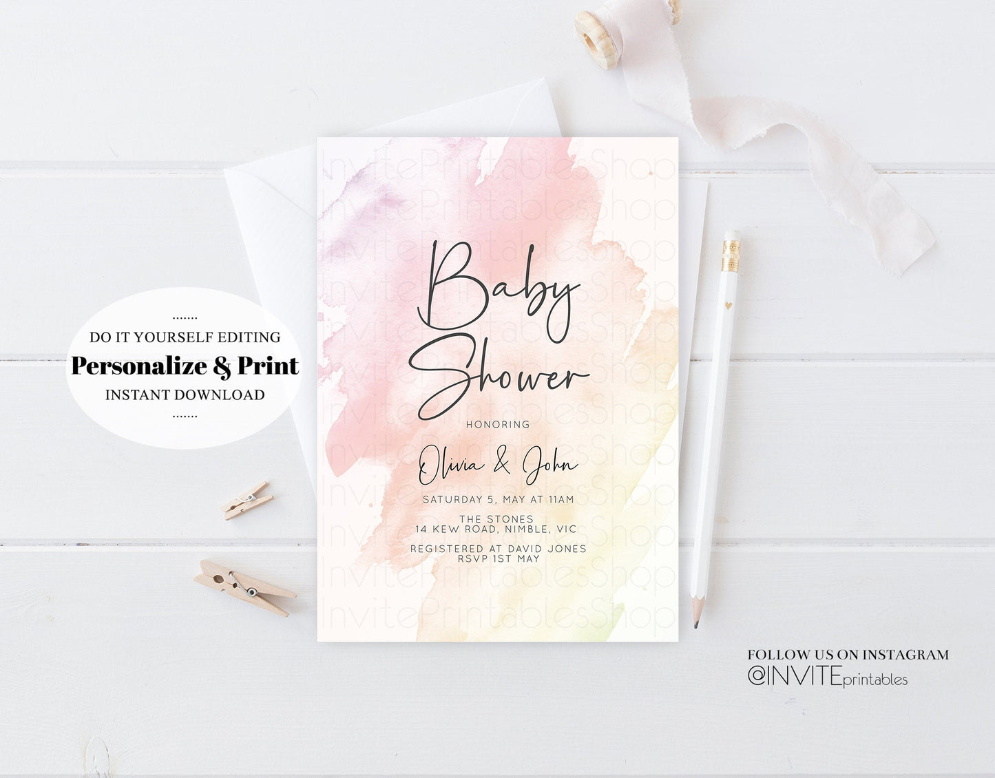 Pastel Pink Baby Shower Invitation Watercolor Ink Gold Glitter Foil Sprinkles Confetti Splash It's a Girl Invite Editable Instant 145
