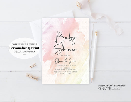 Pastel Pink Baby Shower Invitation Watercolor Ink Gold Glitter Foil Sprinkles Confetti Splash It's a Girl Invite Editable Instant 145