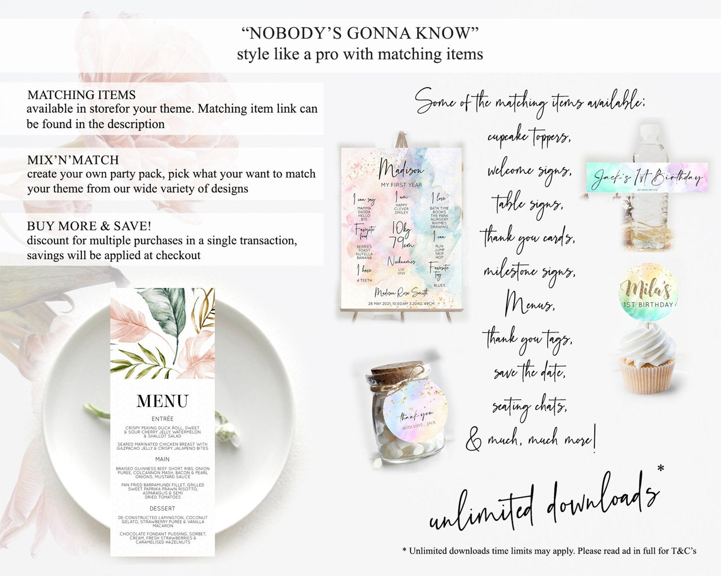 Tropical Menu Template Tropical Menu Palm Leaf Fern Table Decor Frangipani Floral White Orchid Dinner Dessert Menu Party Food Menu D11064