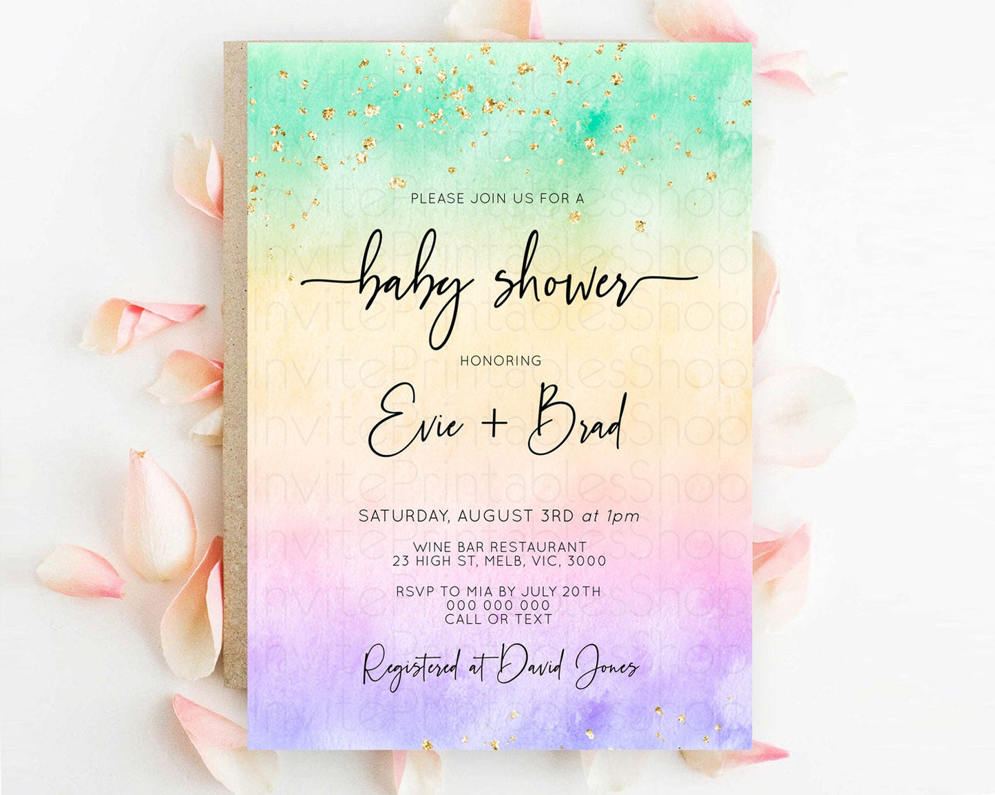 Pastel Baby Shower Invitation Rainbow Baby Shower Invitation Colorful Pastel Watercolor Invitation Gold Glitter Sprinkles Ombre D10481