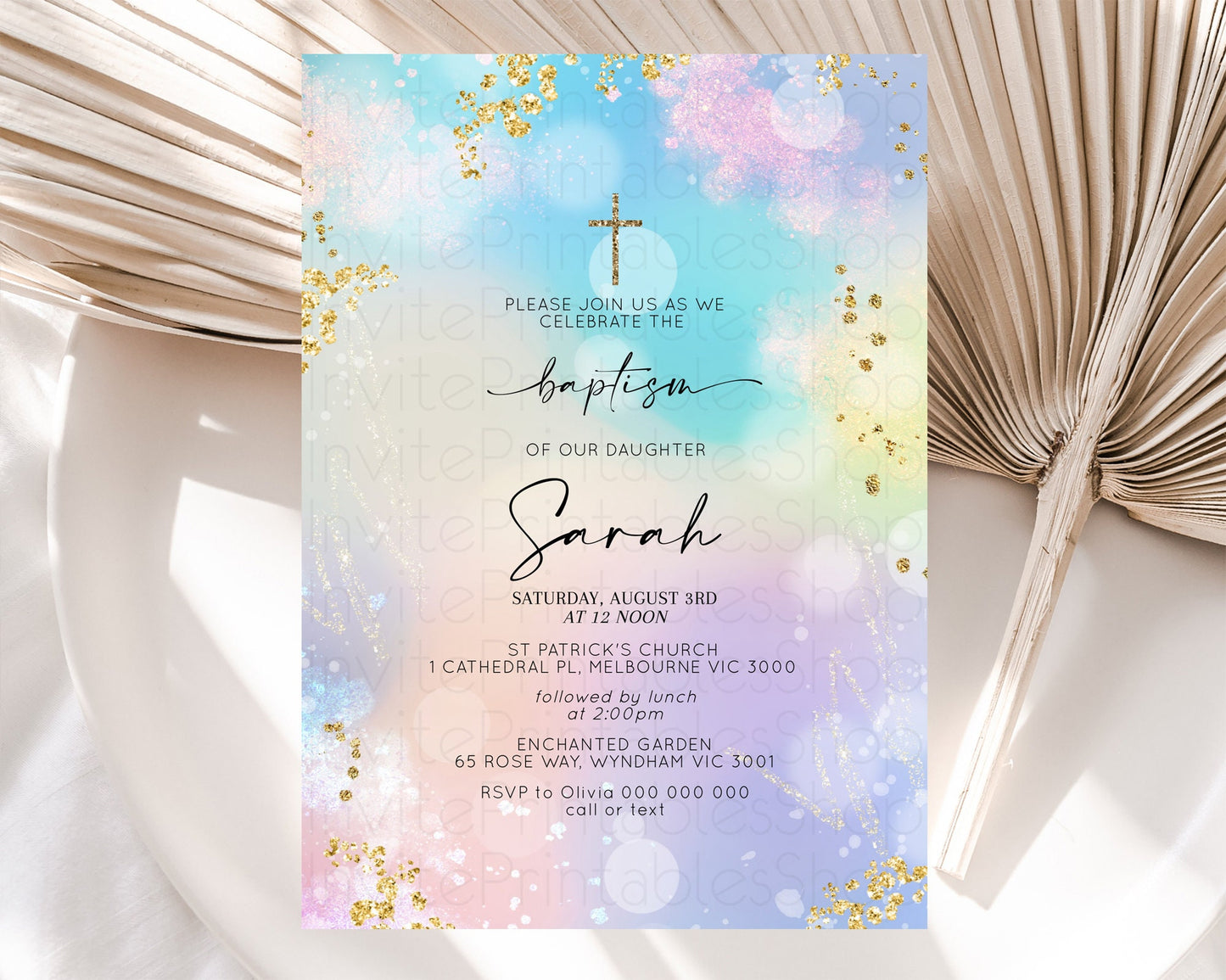 Pastel Baptism Invitation Pastel Colors Watercolor Baptism 1st Birthday Party Gold Ombre Pastel Rainbow Christening Holy Communion D10675