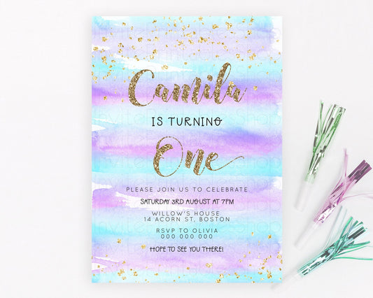 Rainbow Birthday Invitation Colorful Pastel Watercolor Invitation Gold Glitter Sprinkles Ombre Pastel 1st 2nd 3rd Birthday D23264