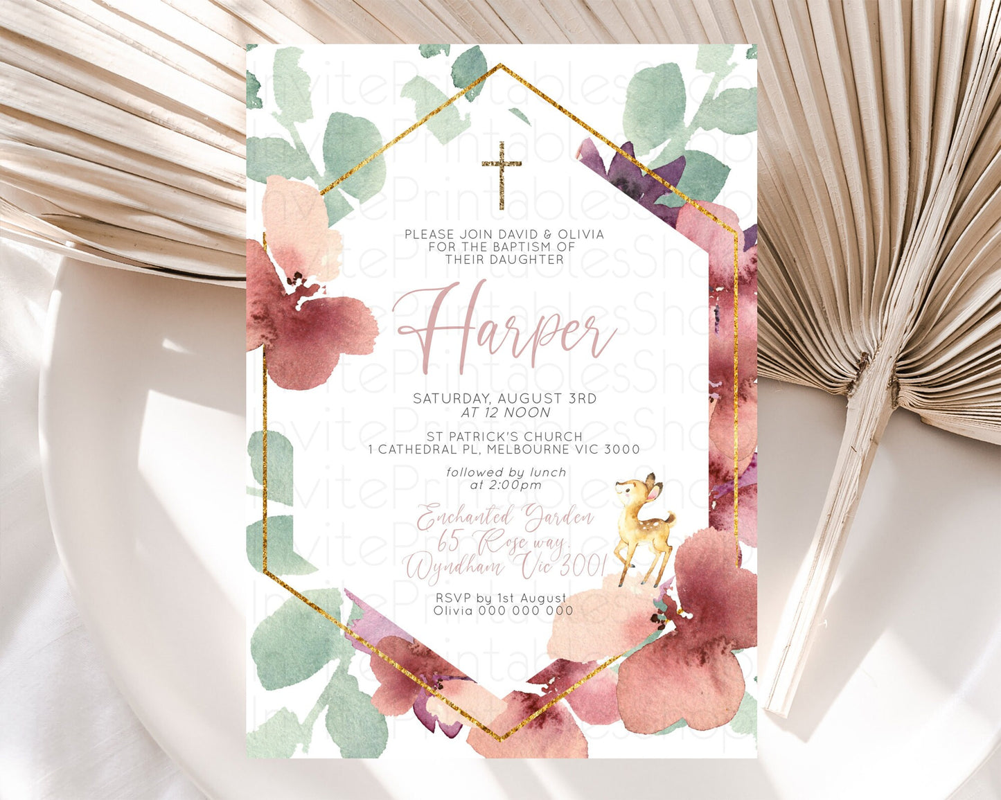 Fawn Baptism Invitation Deer Baptism 1st Birthday Invitation Enchanted Forest Christening Invitation Pastel Garden Butterfly Floral D10915