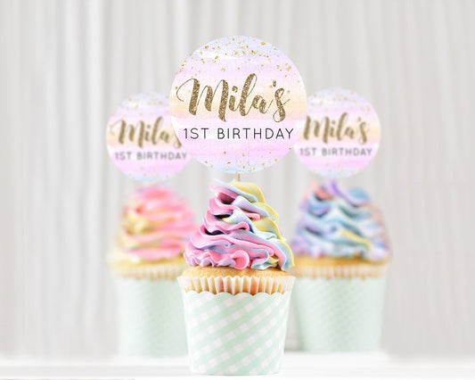 Editable Rainbow Cupcake Toppers Pastel Cupcake Toppers Colorful Pastel Wate