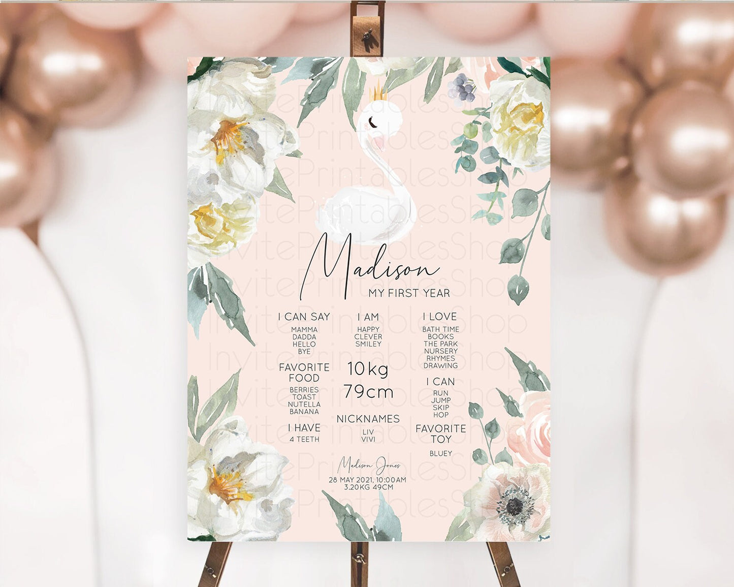 Swan First Birthday Milestone Poster Swan Princess Ballet Milestone Board Enchanted Forest Swan Lake Secret Garden Pastel Floral D10755