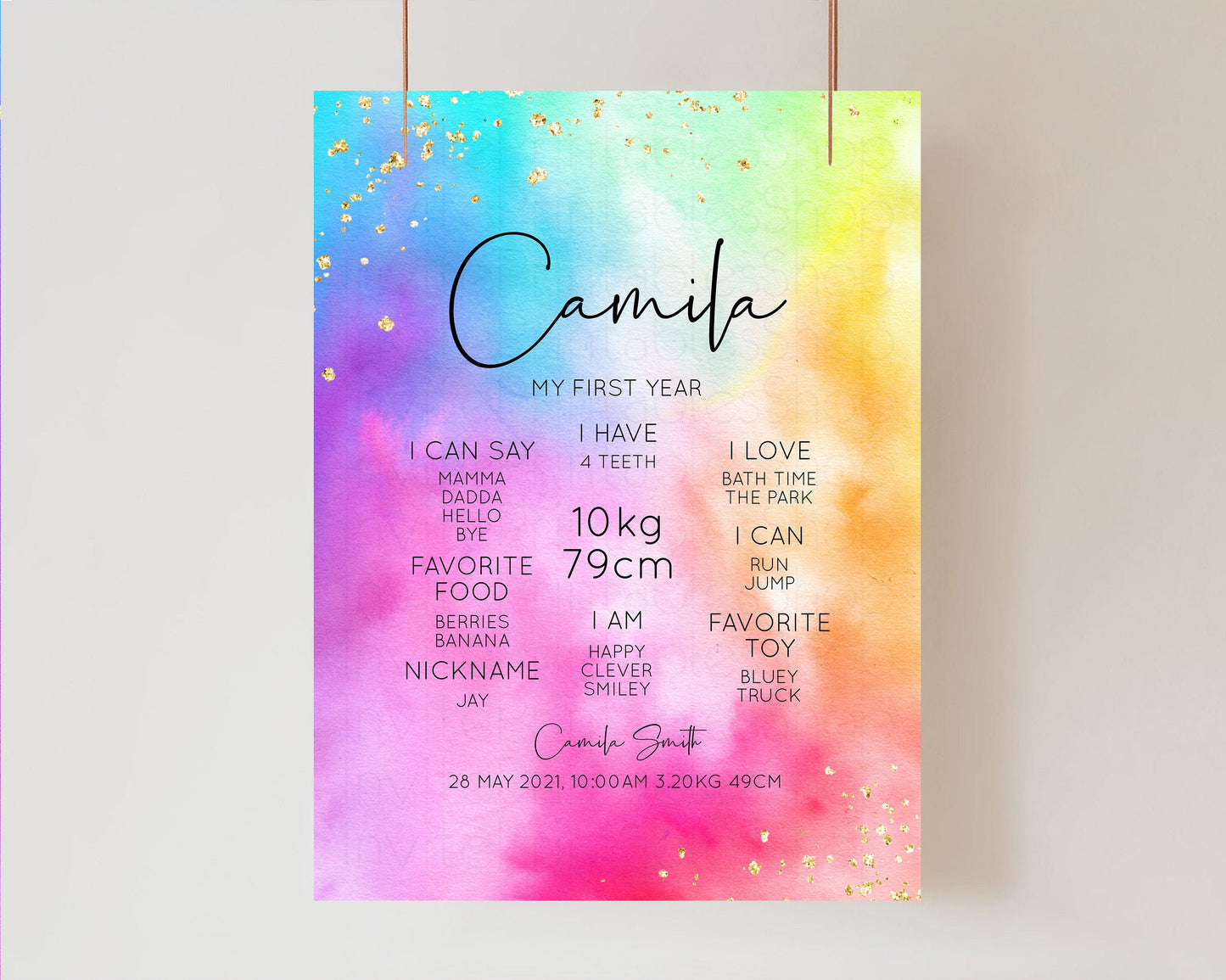 Pastel First Birthday Milestone Board Pastel Rainbow Milestone Poster Watercolor Glitter One Year Poster Colorful Splash Baby 1st Year 509