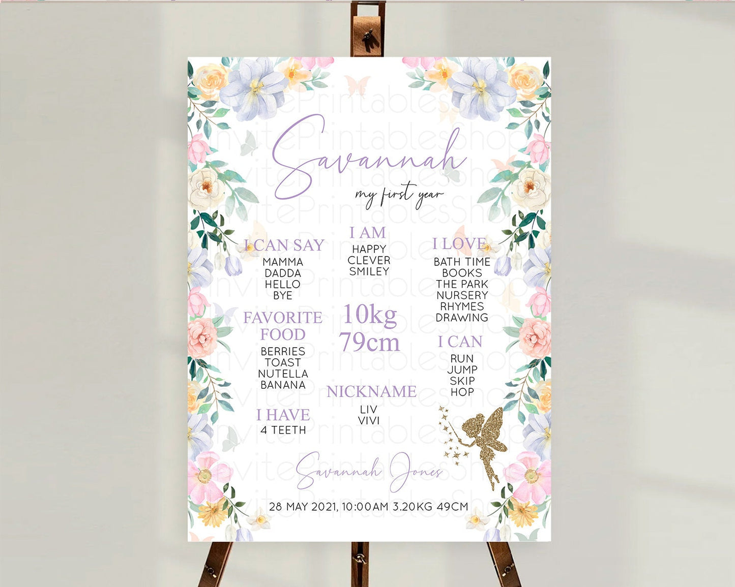 Fairy First Birthday Milestone Poster Fairy Secret Garden Milestone Board Enchanted Garden Pastel Floral Butterfly 1st Birthday Sign D10474