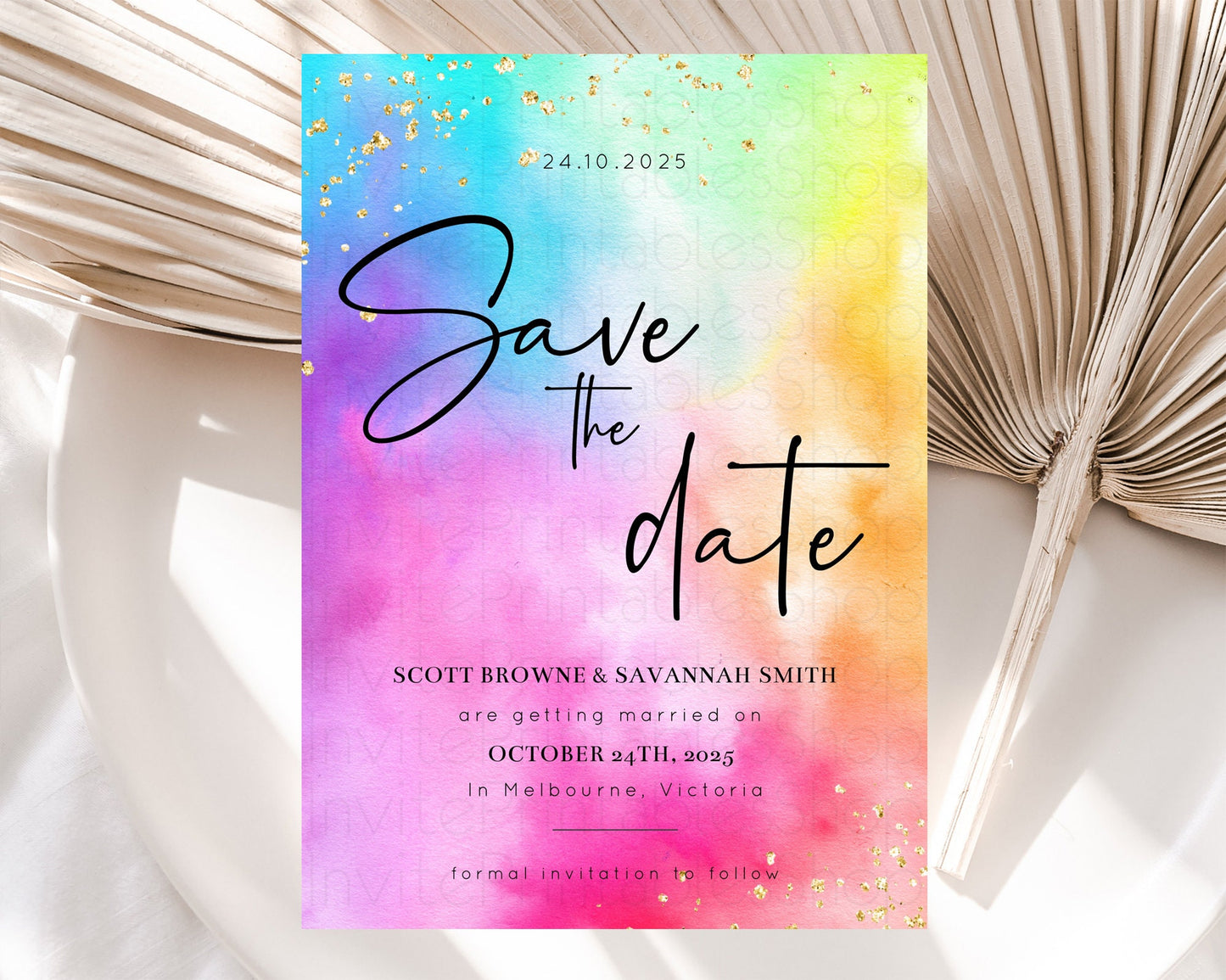 Tie Dye Save The Date Template Rainbow Pastel Ombre Watercolor Party For 1st Birthday Baptism Baby Shower Bridal Shower Wedding D10456