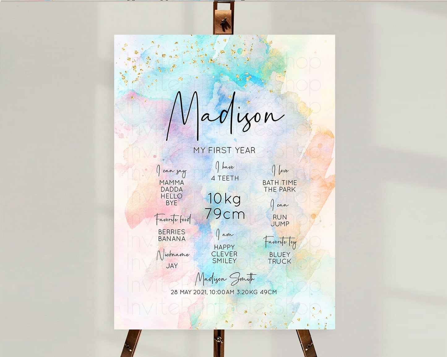 Pastel First Birthday Milestone Board Pastel Rainbow Milestone Poster Colorful Confetti Watercolor Glitter 1st Birthday Welcome Sign D10266