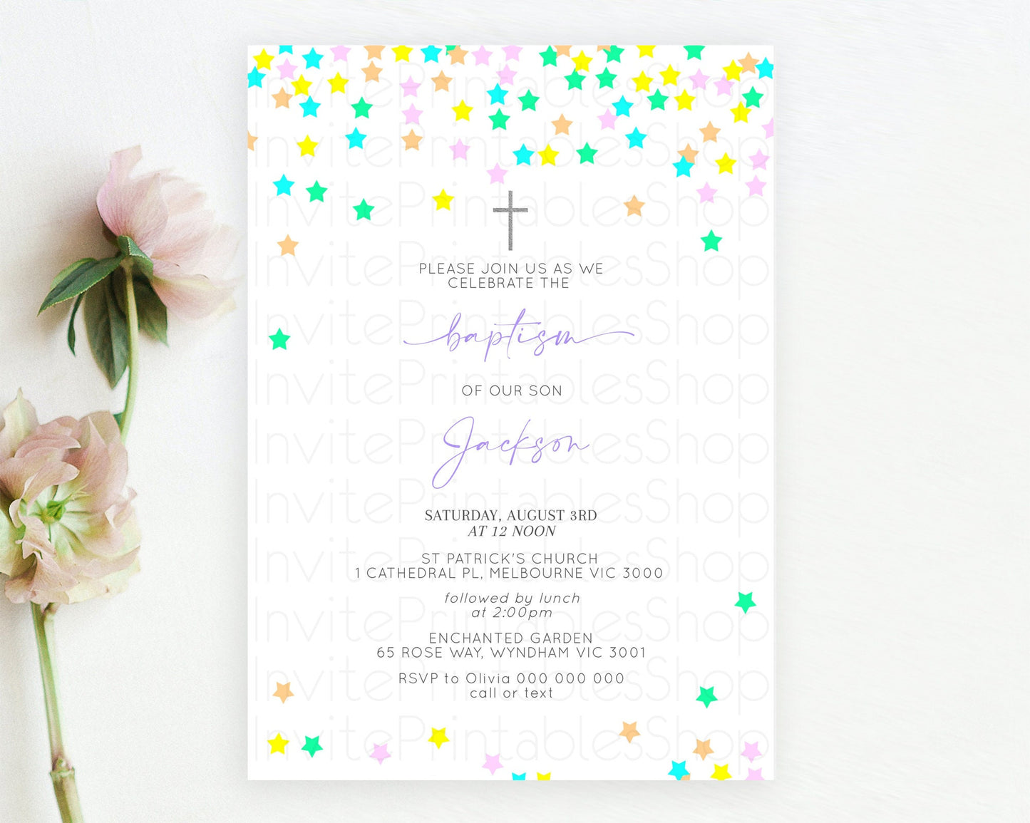 Star Baptism Invitation Pastel Stars Baptism 1st Birthday Invitation Rainbow Colors Confetti Twinkle Little Star Christening Invite D10395