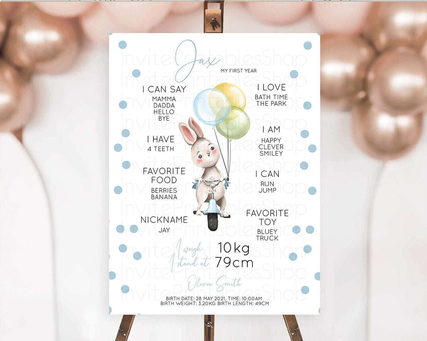 Bunny First Birthday Milestone Board Bunny Balloon Milestone Poster Colorful Pastel Confetti Bunny First Birthday Welcome Sign D10783