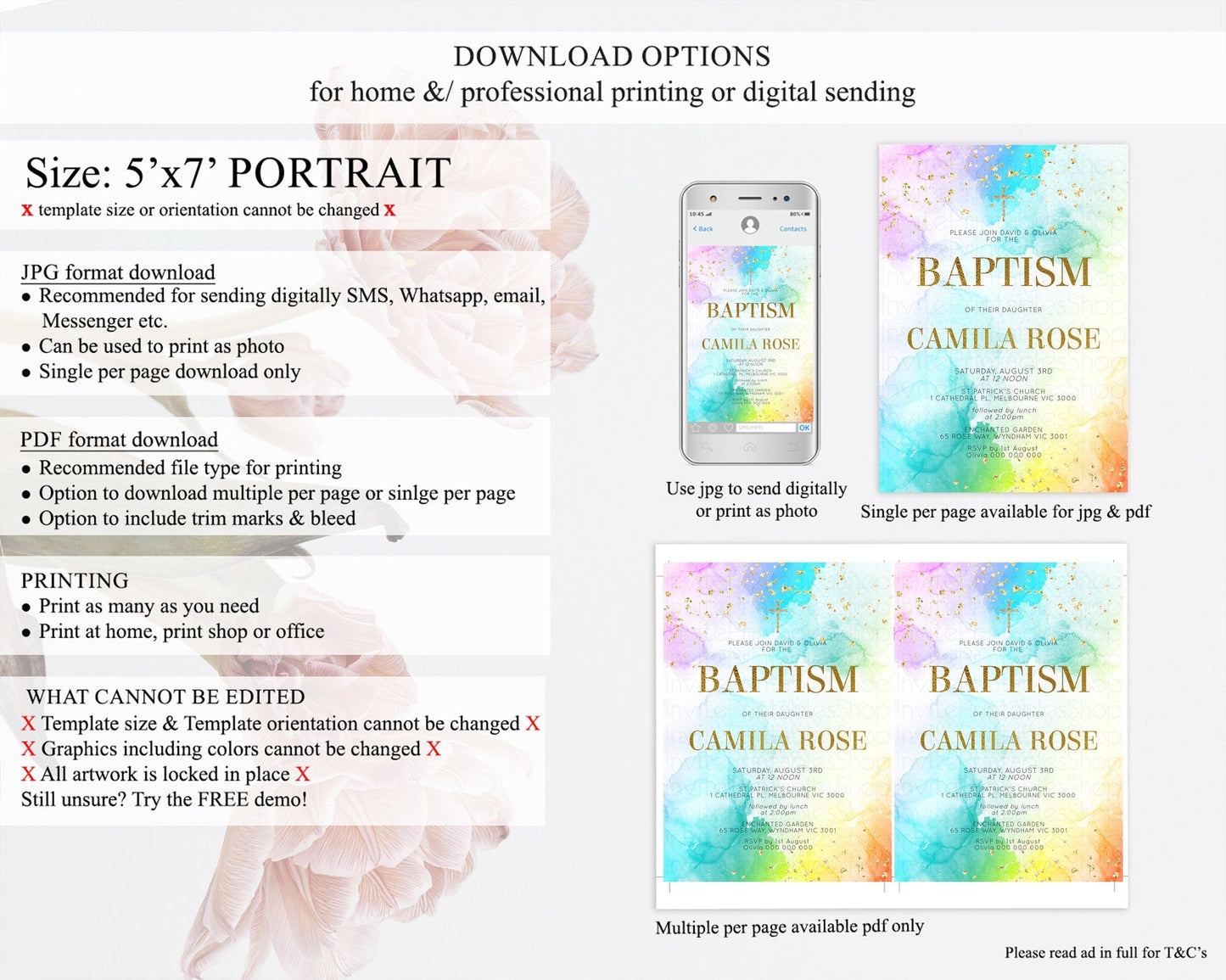 Pastel Baptism Invitation Pastel Colors Watercolor Baptism 1st Birthday Party Gold Ombre Pastel Rainbow Christening Holy Communion D10961