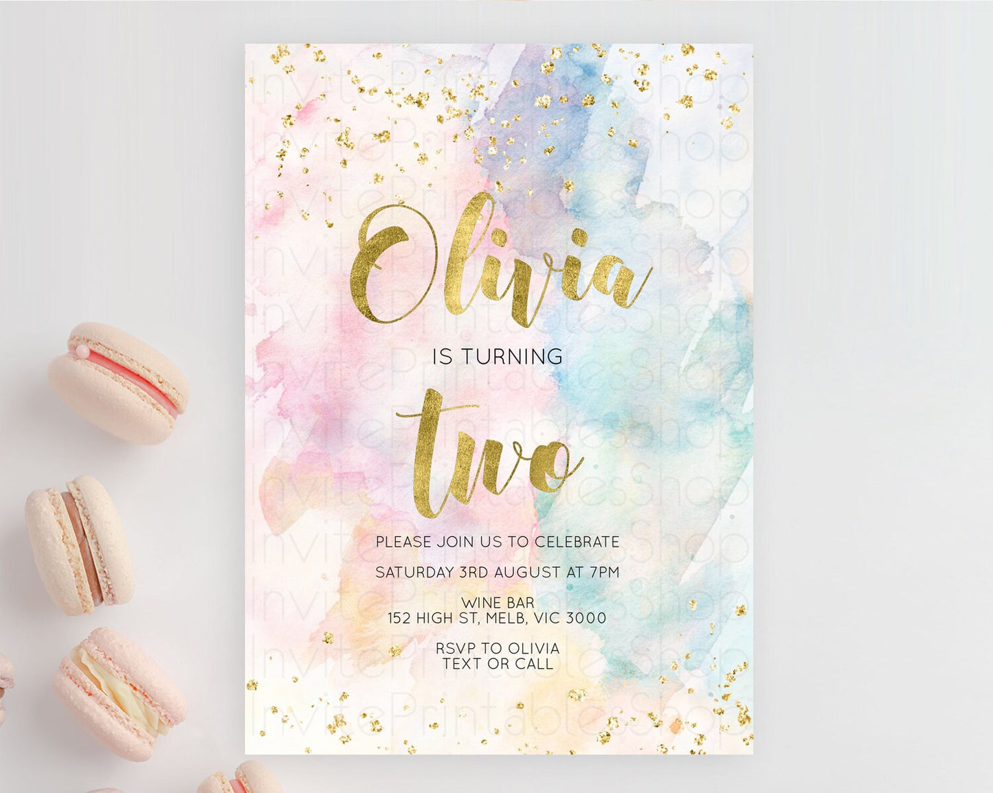 Rainbow Birthday Invitation Colorful Pastel Watercolor Invitation Gold Glitter Sprinkles Ombre Pastel 1st 2nd 3rd Birthday D10265