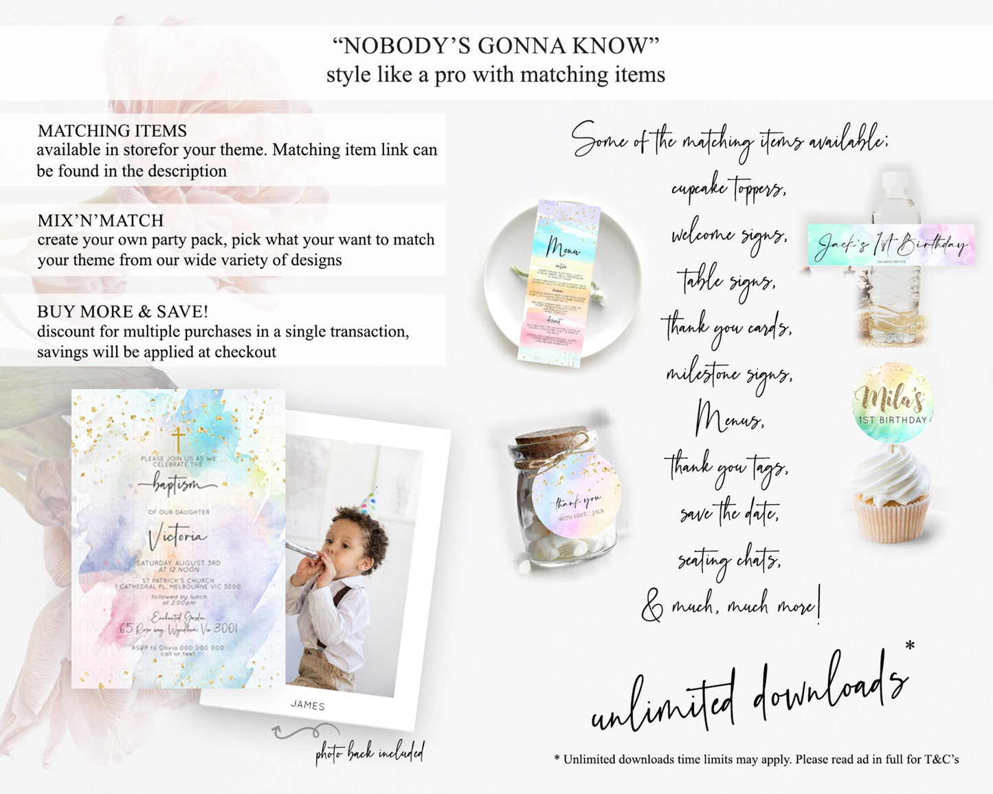 Pastel Baptism Invitation Pastel Colors Watercolor Baptism 1st Birthday Party Gold Ombre Pastel Rainbow Christening Holy Communion D10424