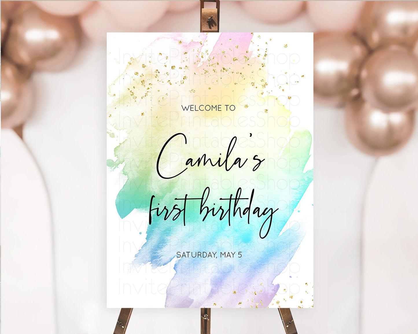 Pastel Welcome Sign Pastel Rainbow Welcome Sign Colorful Rainbow Confetti Watercolor Glitter Pastel First Birthday Welcome Sign D10256