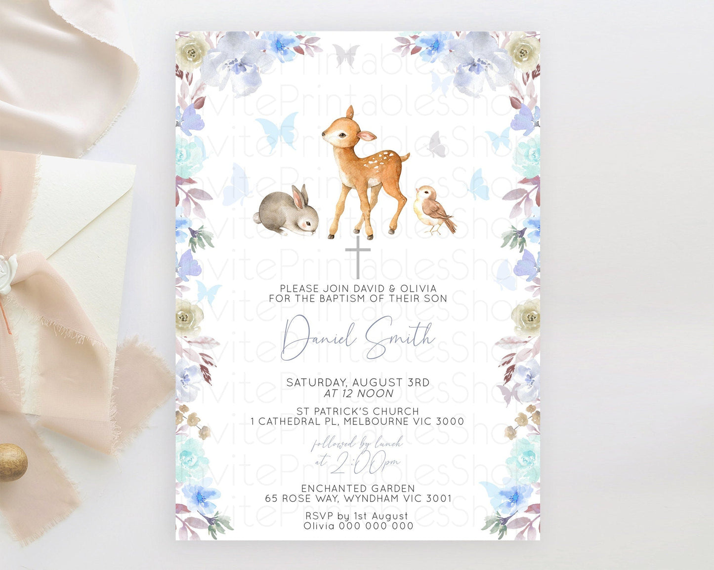 Fawn Baptism Invitation Deer Baptism 1st Birthday Invitation Enchanted Forest Christening Invitation Pastel Garden Butterfly Floral D10929